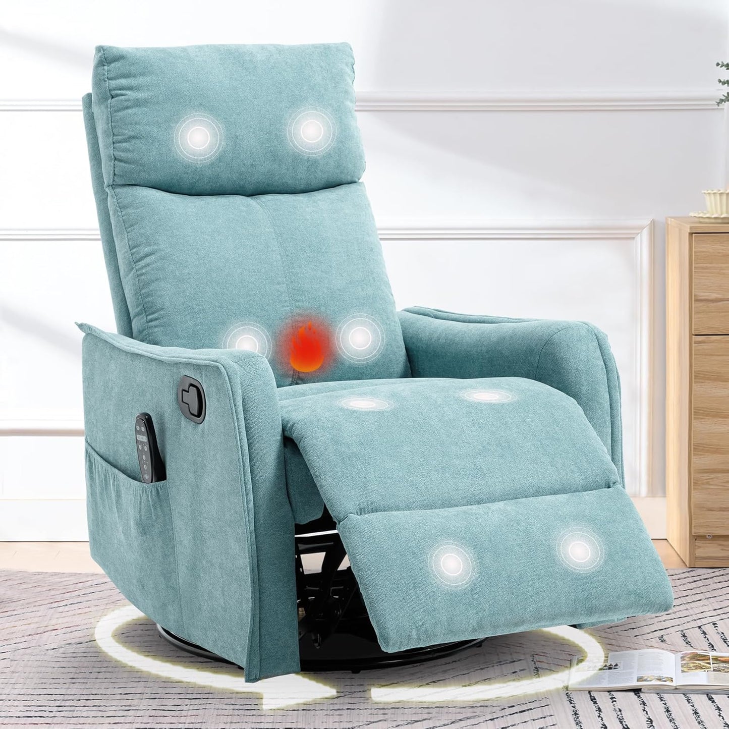 cinkehome Swivel Rocker Recliner, Glider Rocker Recliner Chair for Nursery, Manual Reclining Chair with Heated Massage, Small Spaces, Living Room, Khaki Chenille