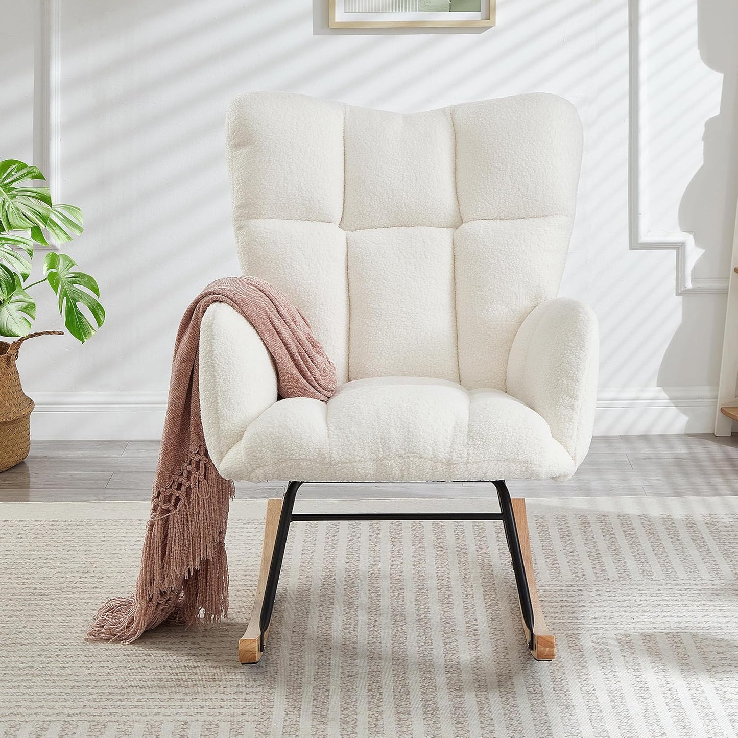 Glider Chair for Living Room & Nursery, Tufted Upholstered Teddy Rocking Chair with High Backrest & Stable Metal Frame, 300lbs Capacity, Comfy Rocker Glider for Adults & Kids, Office & Bedroom(Gray)