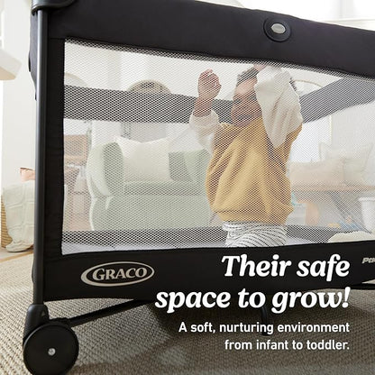 Graco On The Go Zip DLX Pack ‘n Play Playard, Folding Playpen with Bassinet, Portable Crib, Parker