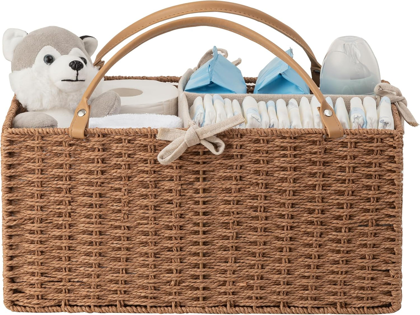 HBlife Large Baby Diaper Caddy Organizer, Paper Rope Storage Baskets Nursery Bin with Removable Divider, Portable Car Organizer for Diapers, Baby Shower Gifts, Newborn Essentials Must Haves