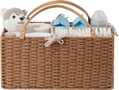 HBlife Large Baby Diaper Caddy Organizer, Paper Rope Storage Baskets Nursery Bin with Removable Divider, Portable Car Organizer for Diapers, Baby Shower Gifts, Newborn Essentials Must Haves