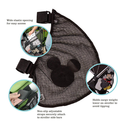 Disney Baby by J.L. Childress Side Sling Stroller Cargo Net - Stroller Organizer Attachment for Storage, Mesh Bag for Baby Accessories, Universal Fit - Mickey, Black