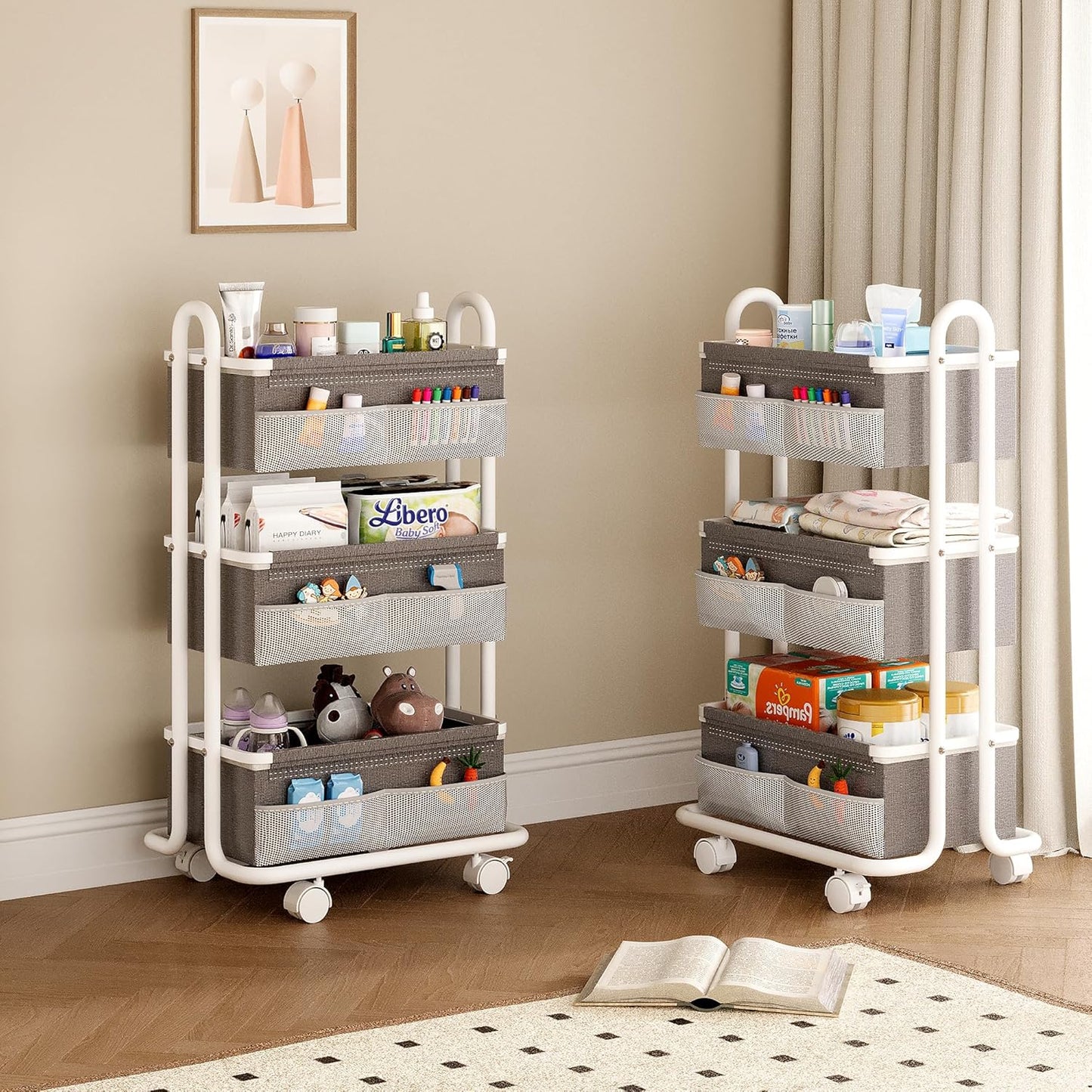 3-Tier Baby Diaper Caddy Organizer Cart, Mobile Nursery Storage Carts with Wheels, 3 Dividers & 6 Mesh Pockets Durable Metal Utility Cart for Nursery, Bedroom, Bathroom, Baby Essentials Organization