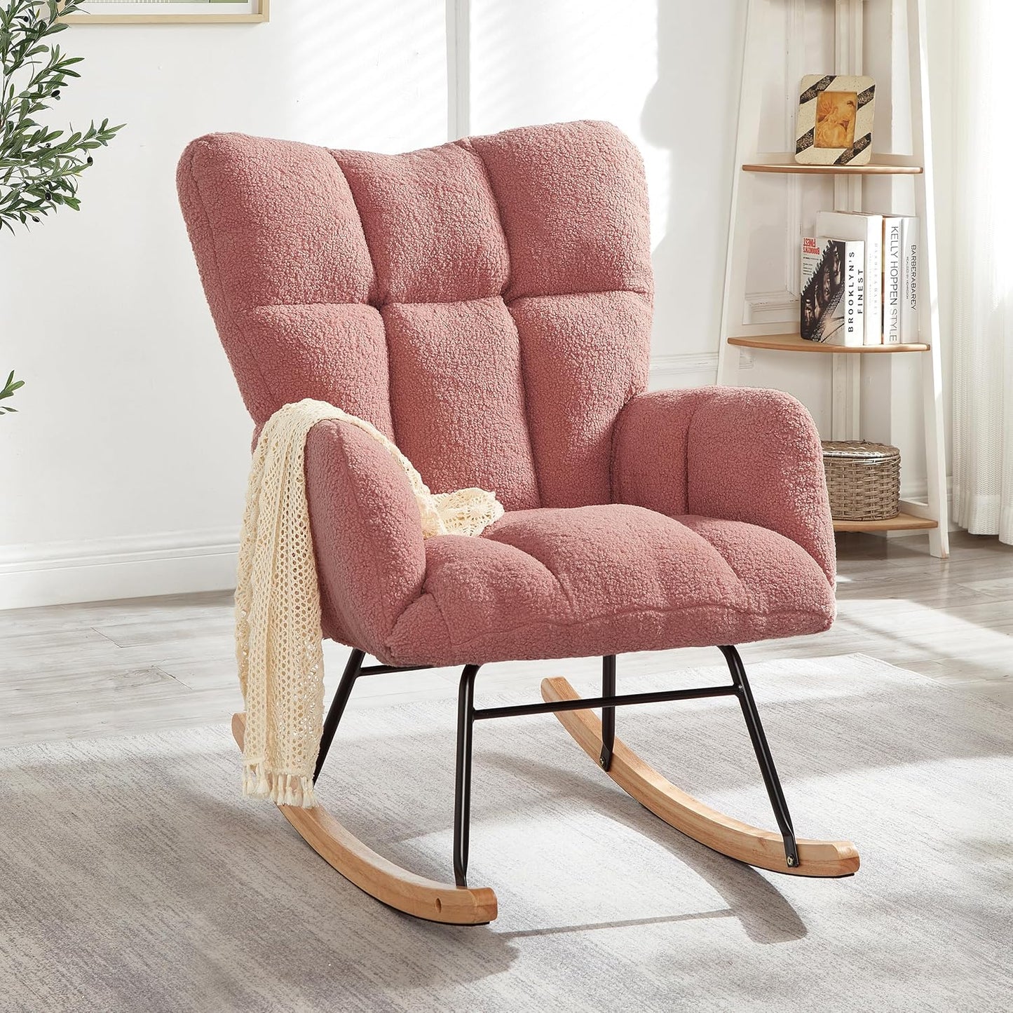 Glider Chair for Living Room & Nursery, Tufted Upholstered Teddy Rocking Chair with High Backrest & Stable Metal Frame, 300lbs Capacity, Comfy Rocker Glider for Adults & Kids, Office & Bedroom(Gray)