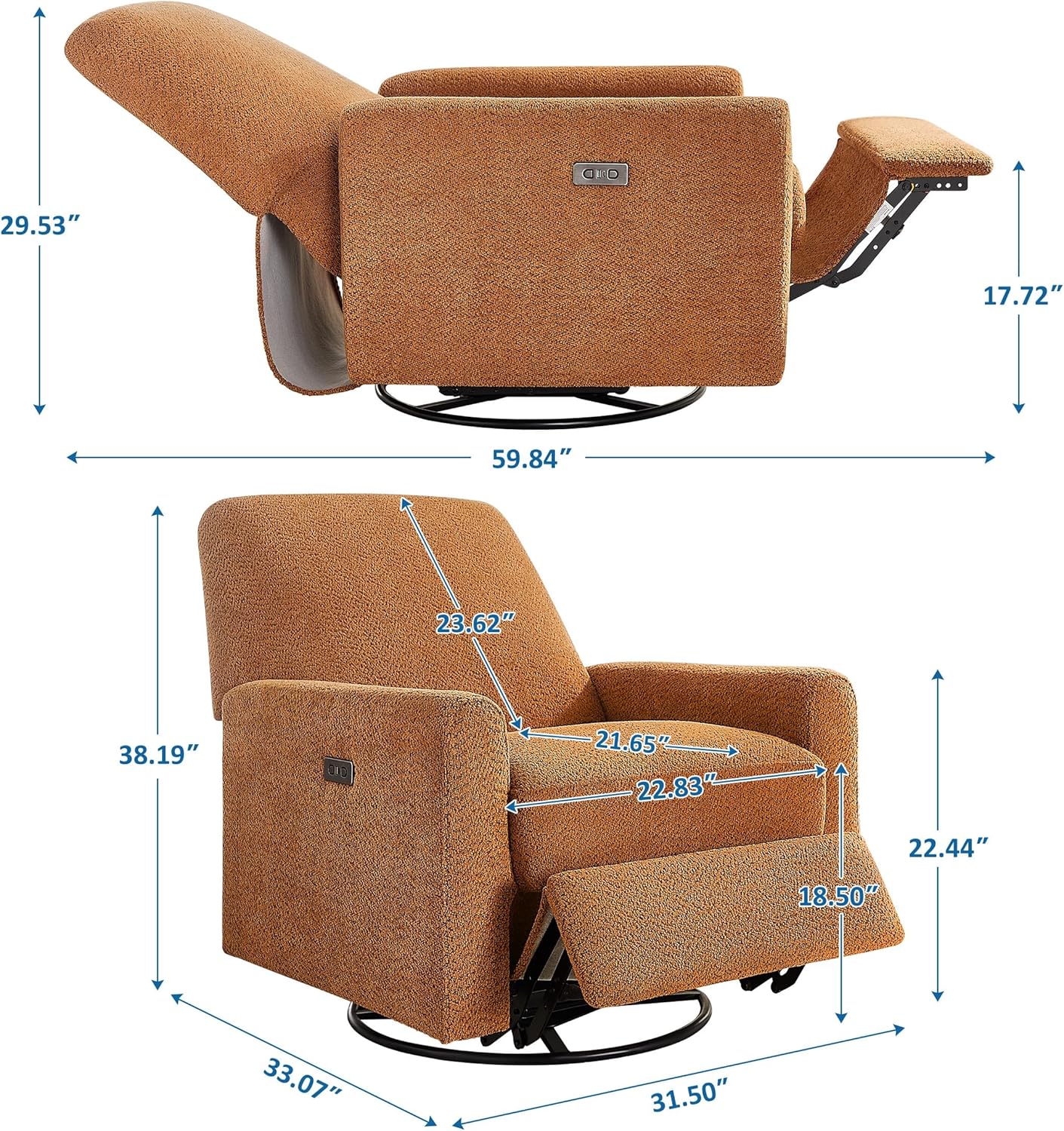 VANOMi Power Swivel Glider Recliner Chair, Electric Nursery Rocker Recliner Chair, USB & Type-C Charger, Boucle White