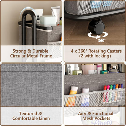3-Tier Baby Diaper Caddy Organizer Cart, Mobile Nursery Storage Carts with Wheels, 3 Dividers & 6 Mesh Pockets Durable Metal Utility Cart for Nursery, Bedroom, Bathroom, Baby Essentials Organization