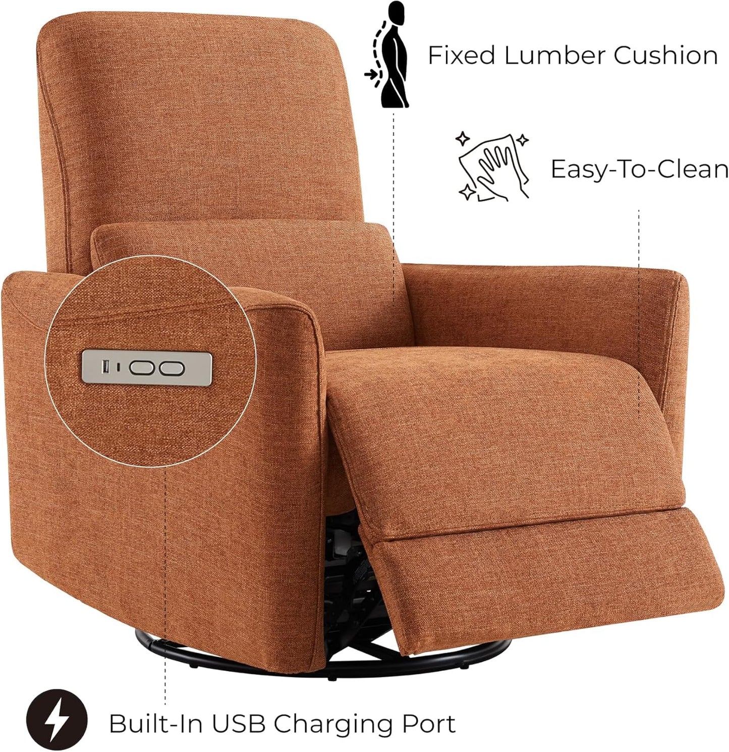 CHITA Power Recliner Chair Swivel Glider, FSC Certified Upholstered Living Room Nursery Reclining Sofa Chair with Lumbar Support, Linen