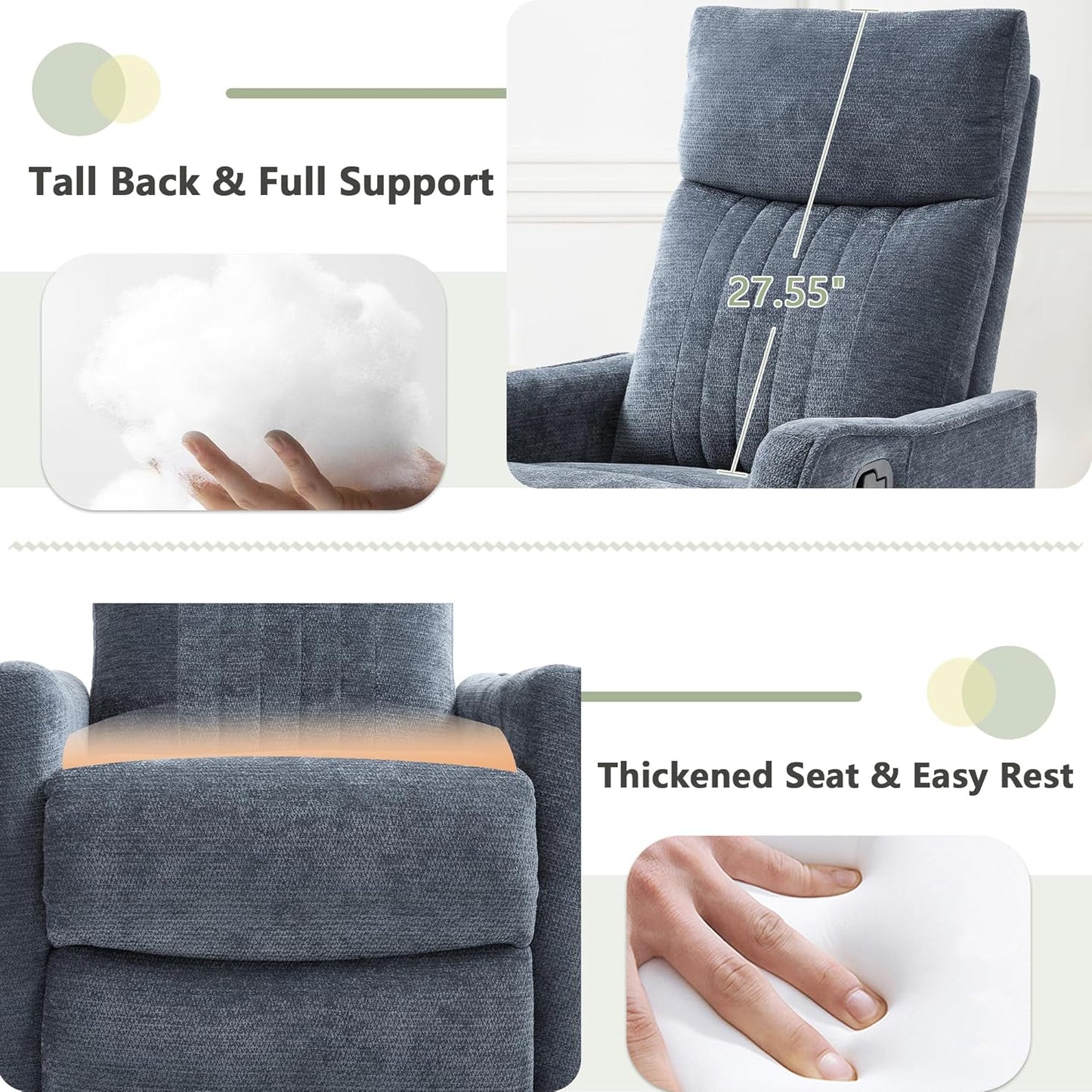 cinkehome Swivel Rocker Recliner, Glider Rocker Recliner Chair for Nursery, Manual Reclining Chair with Heated Massage, Small Spaces, Living Room, Khaki Chenille