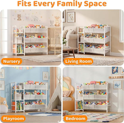 CODACE Kids Toy Organizers and Storage - Toy Shelf for Playroom， Kids Room and Living Room Organization, Toddler Toy Bins for Kids Organizer，Kids Bookshelf and Toy Storage, White, Easy to Assemble