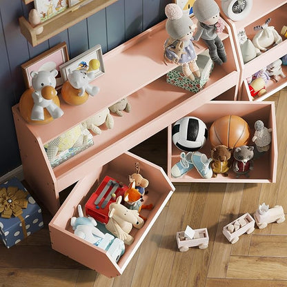 Fulhope Toy Storage Organizer for Kids, Toy Storage Cabinet with Drawers, Boys and Girls Toy Shelf with Wheels, Toy Organizer Kids Bookshelf with Storage for Nursery, Playroom, Bedroom (Light Pink)