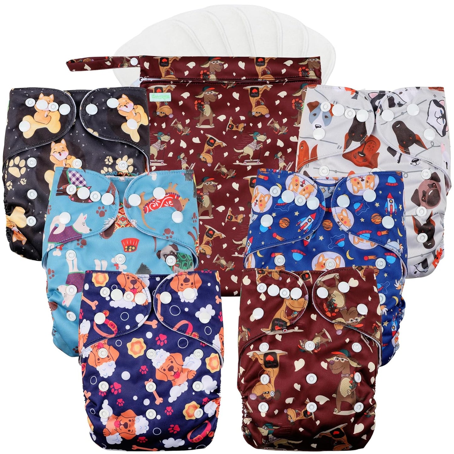 wegreeco Cloth Diapers 6 Pack with 6 Inserts & 1 Wet Bag, Washable Cloth Diapers for Babies, One Size Adjustable Reusable (Flower)