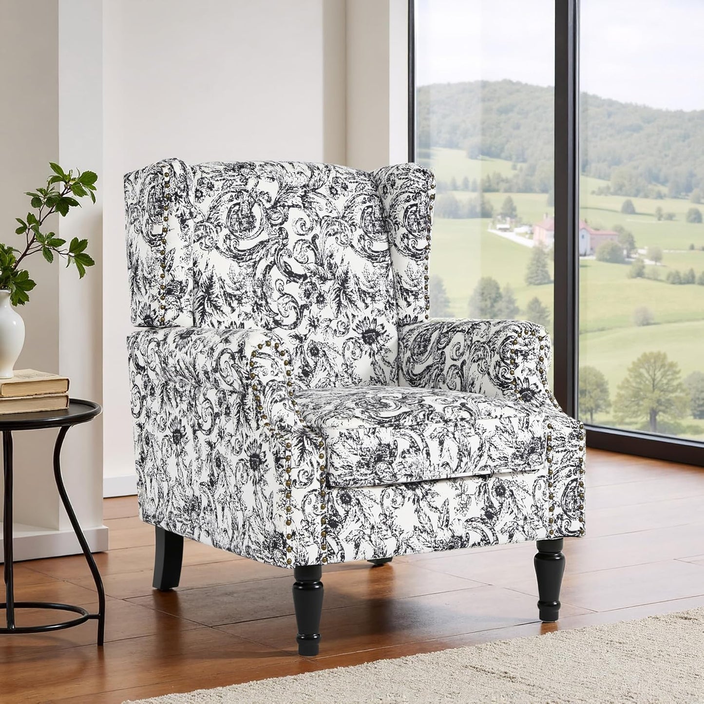 Swivel Rocker Recliner Chair, Manual Nursery Glider Recliner, Floral Fabric Wingback Accent Chair with Adjustable Backrest & Footrest for Small Spaces Living Room Bedroom (Plants Floral, Set of 1)