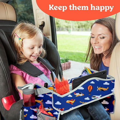 PILLANI Kids Travel Tray for Car Seat - Carseat Tray w/ iPad Holder & Dry Erase Board, Road Trip Activities - Toddler Lap Desk Organizer for Airplane - Roadtrip & Travel Essentials - Pack of 2, Pink