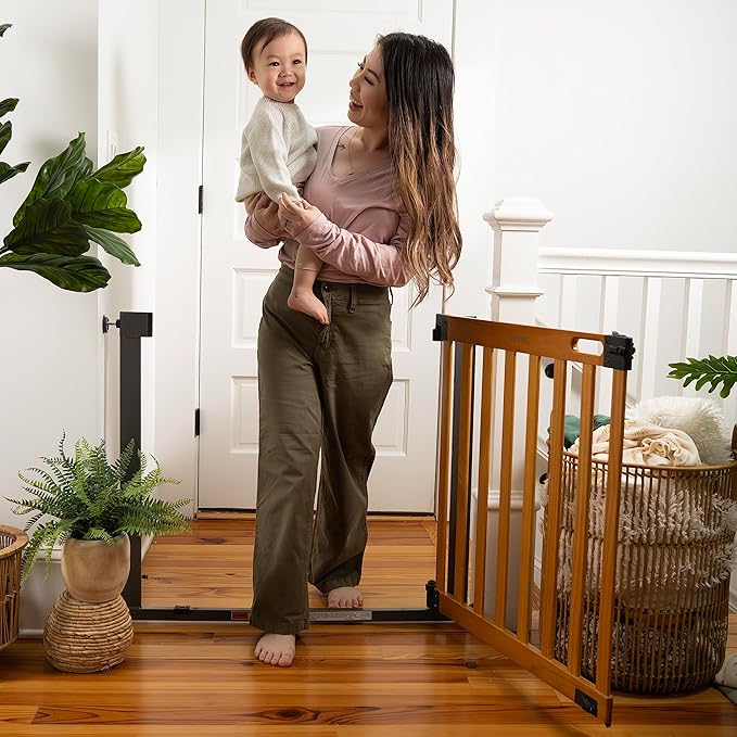 Summer Infant West End Extra Wide Safety Pet and Baby Gate, 36"-60" Wide, 30" Tall, Pressure or Hardware Mounted, Install Wall to Wall in Doorway, Auto Close Walk-Thru Door - Oak Wood and Metal