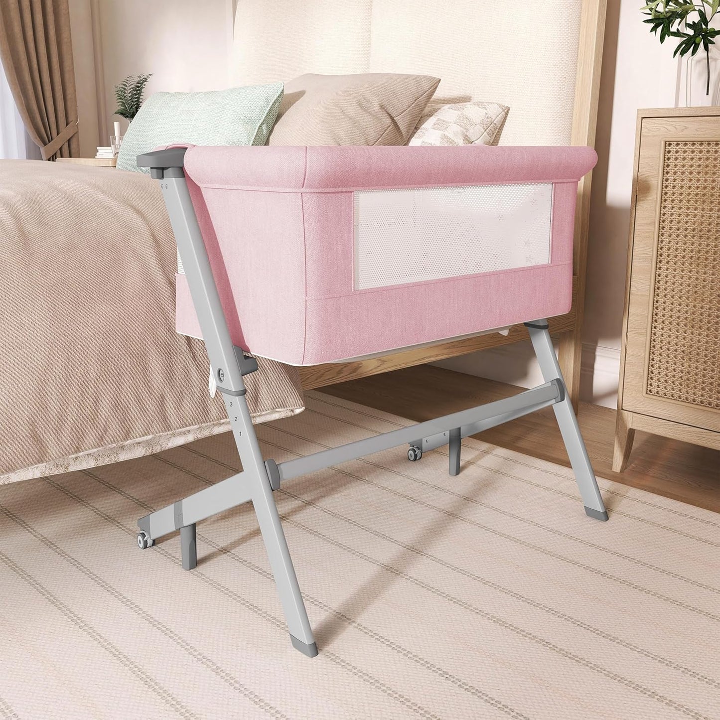 Dream On Me Skylar Bassinet and Bedside Sleeper, Adjustable Heights, Breathable Mesh Sides, Plush Mattress Pad, Wheels with Safety Locks & Tool-Free Assembly, Compact Fold & Travel Bag - Pink
