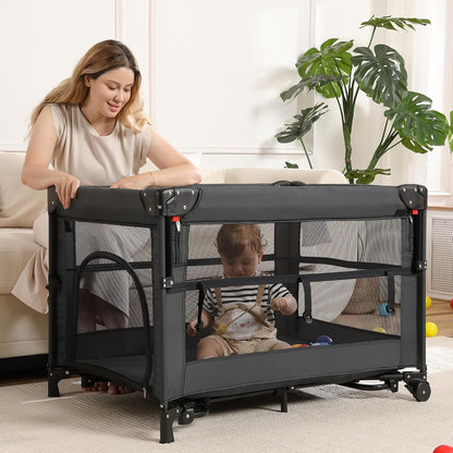 4 in 1 Pack and Play, Portable Travel Baby Bassinet, Foldable Travel Playard Playpen for Toddler, Bedside Crib Sleeper, Diaper Changer Table, Baby Playard for Newborn (Black)