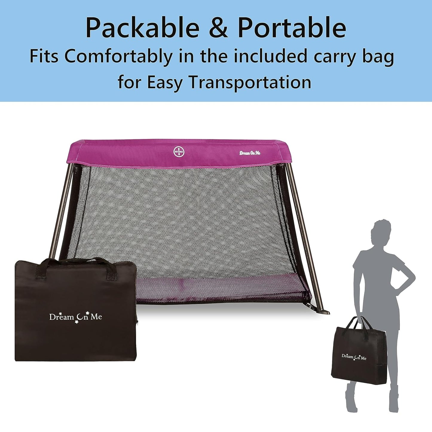 Dream On Me Travel Light Baby Playard with Zipper Access Door, Breathable Mesh Sides with Soft Comfortable Mattress, Easy Fold Design with Travel Carry Bag, Compact Space Saving Design - Grey
