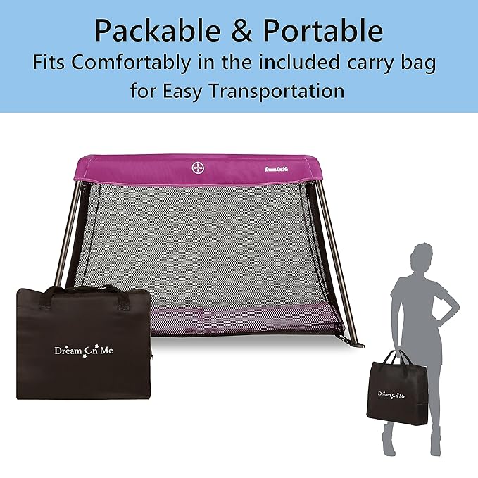 Dream On Me Travel Light Playard, Award Winning Lightweight Portable, Breathable Mesh Sides with Soft Comfortable Mattress, Easy Compact Fold Design with Travel Carry Bag – Purple