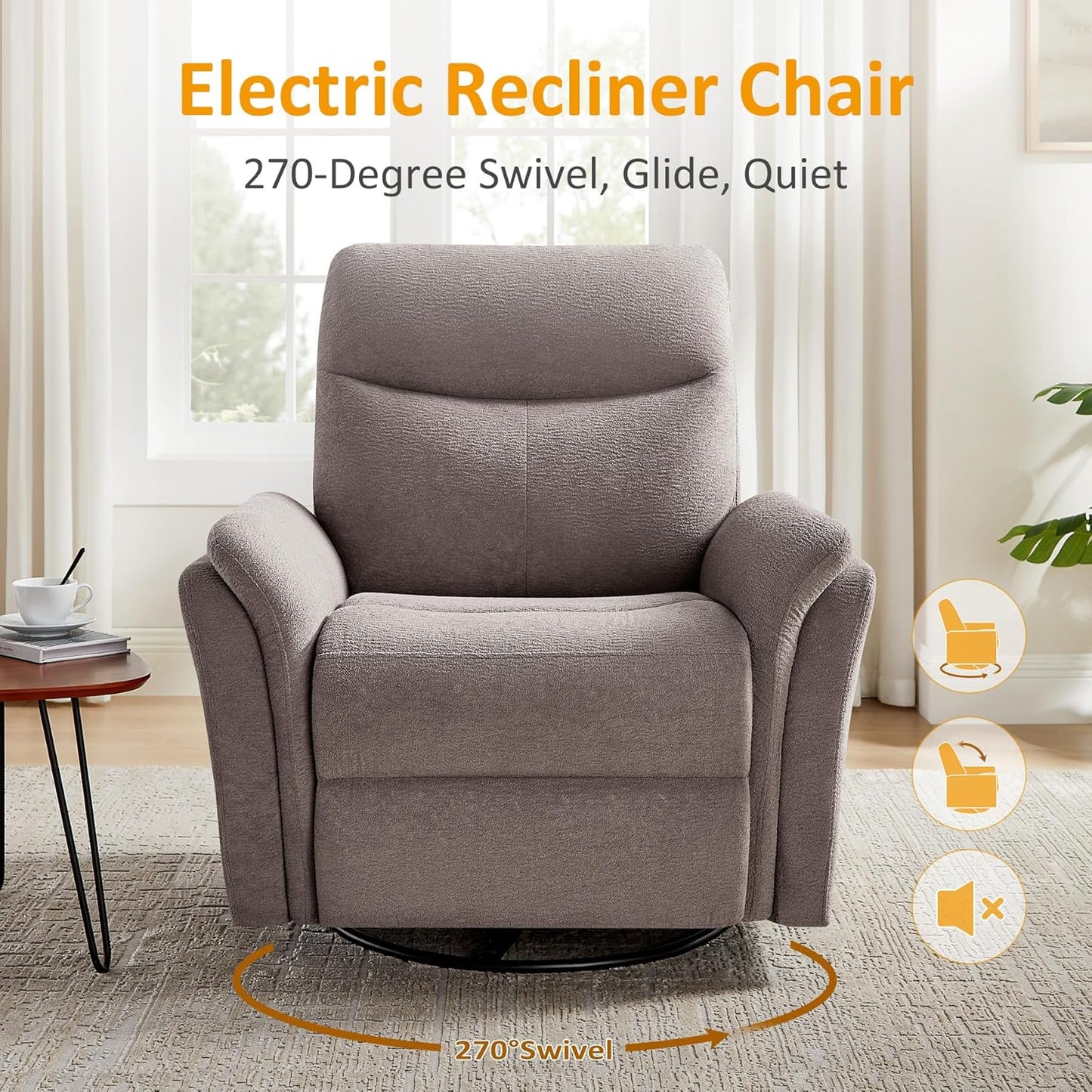 VANOMi Power Recliner Chair Swivel Glider, Electric Rocking Recliner Chairs with USB and Type-C Ports, Nursery Chair Recliner for Living Room, Bedroom, Apartment（Camel）
