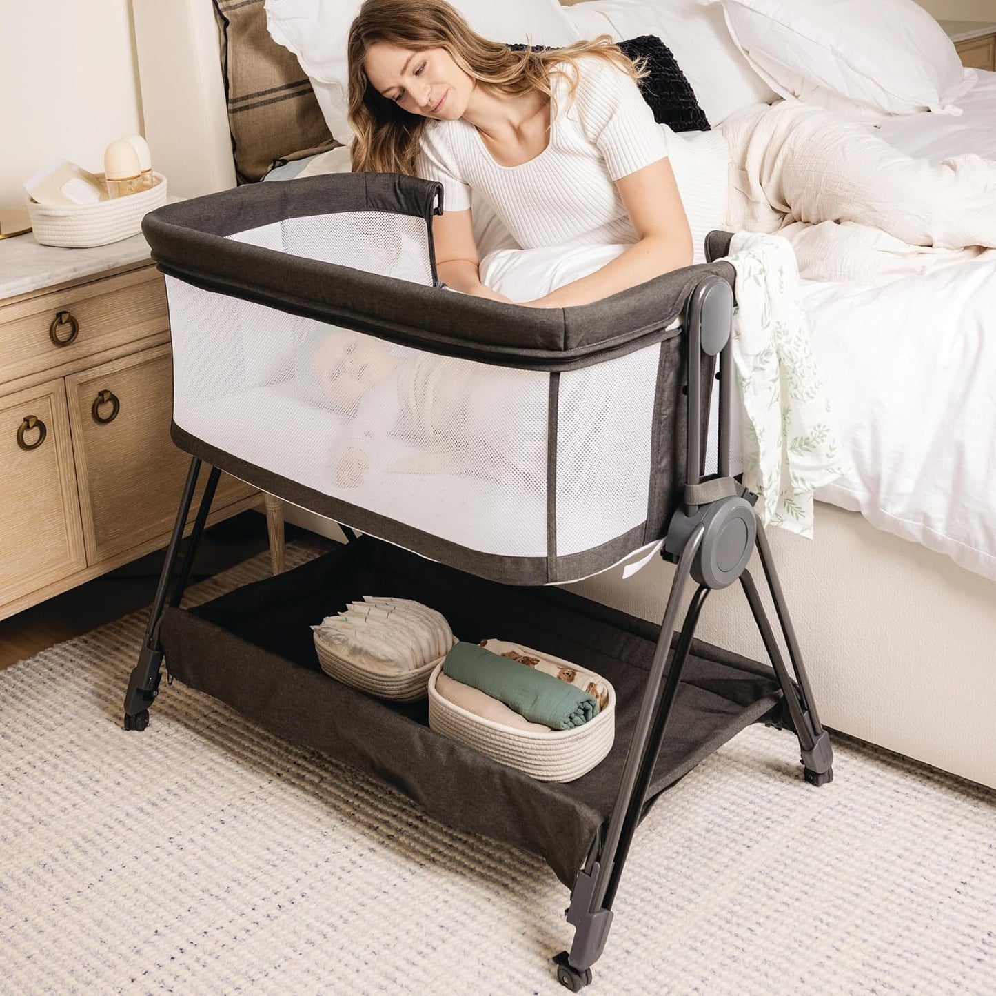 KOOLABABY Baby Bedside Sleeper - Bassinet & Bedside Crib with Height Adjustment & Wheels - Can Be Placed Next to Bed - Attaches to Parents Bed - Easy to Fold & Carry Bassinet for Girls (Pink)