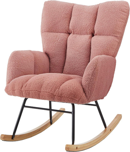 Glider Chair for Living Room & Nursery, Tufted Upholstered Teddy Rocking Chair with High Backrest & Stable Metal Frame, 300lbs Capacity, Comfy Rocker Glider for Adults & Kids, Office & Bedroom(Gray)
