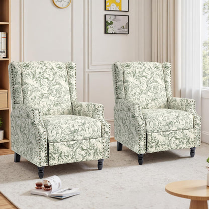 Swivel Rocker Recliner Chair, Manual Nursery Glider Recliner, Floral Fabric Wingback Accent Chair with Adjustable Backrest & Footrest for Small Spaces Living Room Bedroom (Plants Floral, Set of 1)