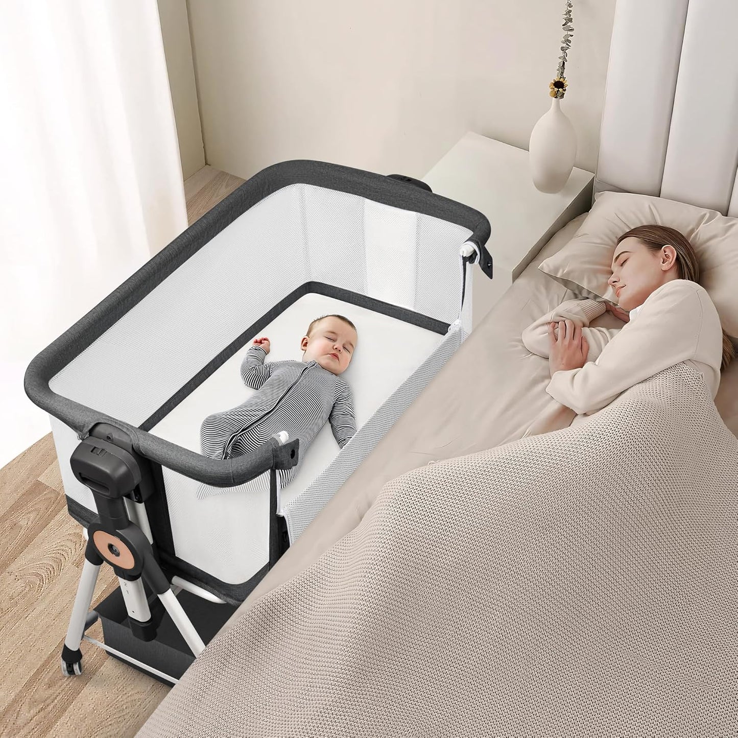 VOOI Baby Bassinet Bedside Sleeper, 3 in 1 Rocking Bassinet for Baby, Bassinet Bedside Sleeper with Wheels, Adjustable Height, Storage Basket, Mattress & Canopy, Bed Side Bassinet for Newborn