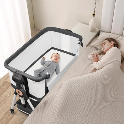 VOOI Baby Bassinet Bedside Sleeper, 3 in 1 Rocking Bassinet for Baby, Bassinet Bedside Sleeper with Wheels, Adjustable Height, Storage Basket, Mattress & Canopy, Bed Side Bassinet for Newborn