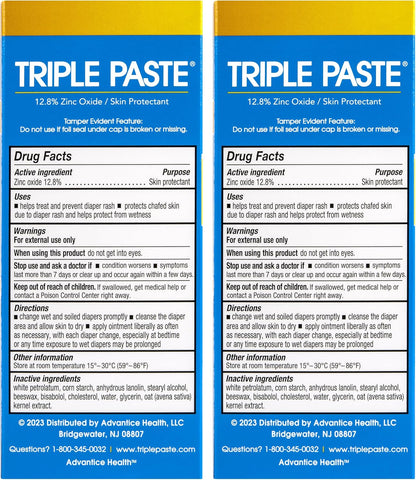 Triple Paste Diaper Rash Cream for Baby - 3 oz Tube – Zinc Oxide Ointment Treats, Soothes & Prevents Diaper Rash, Pediatrician-Recommended Hypoallergenic Formula, Baby Essentials for Daily & Overnight