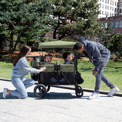 Jeep Wrangler Deluxe 4 Seater Stroller Wagon by Delta Children - Premium Quad Stroller Wagon for 4 Kids with Convertible Seats, Adjustable Push/Pull Handles, Removable Canopy & Flat Fold, Grey