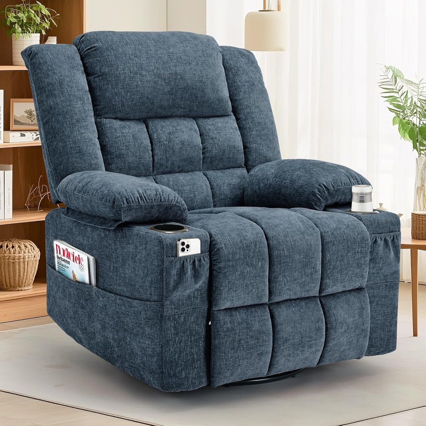 Korser 360° Swivel Rocker Recliner for Adults, Nursery Glider Recliner with Massage and Heating, Rocking Chair with Cup Holder, Manual Recliner Chair for Living Room, Bedroom (Fabric, Beige)