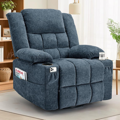 Korser 360° Swivel Rocker Recliner for Adults, Nursery Glider Recliner with Massage and Heating, Rocking Chair with Cup Holder, Manual Recliner Chair for Living Room, Bedroom (Fabric, Beige)