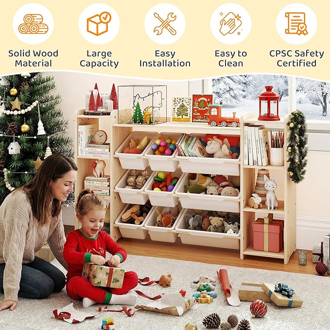 GITAWUSA Toy Storage Organizer, Kids Bookshelf with 6 Shelves, 9 Toy Bins & 6 Hooks | Toy Shelf, Storage Bin Unit, Toy Organization for Playroom, Nursery, Bedroom, Toddler Room | Wood & White