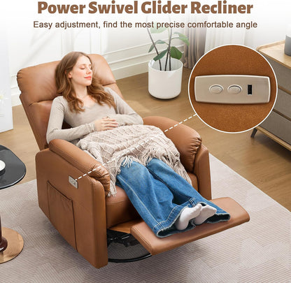 Power Glider Recliner Nursery Rocking Chair with USB Ports, Glider Chair with Lumbar Pillow for Living Room, Glider Swivel Recliner Chair for Nursery(Beige)