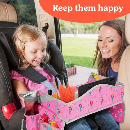 PILLANI Kids Travel Tray for Car Seat - Carseat Tray w/ iPad Holder & Dry Erase Board, Road Trip Activities - Toddler Lap Desk Organizer for Airplane - Roadtrip & Travel Essentials - Pack of 2, Pink