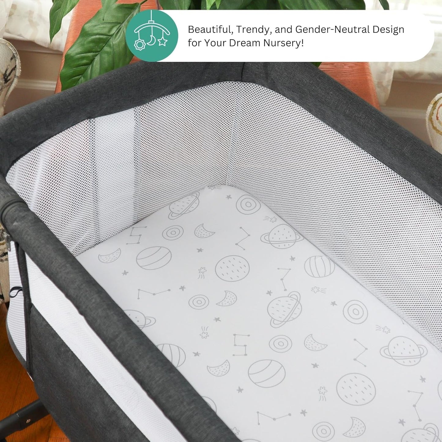 Bassinet Sheets for Papablic, CoZee, Cowiewie, Ezebaby, Nawahev Baby Bassinet Bedside Sleeper by TansyPanda, 3PC, 33x20, Ultra Soft, Breathable Snug Fit, Unisex Boys Girls, Gray White (Space Rockets)