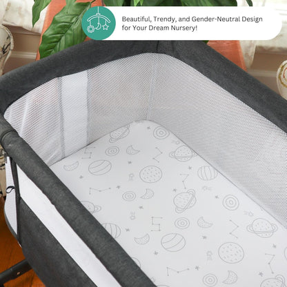 Bassinet Sheets for Papablic, CoZee, Cowiewie, Ezebaby, Nawahev Baby Bassinet Bedside Sleeper by TansyPanda, 3PC, 33x20, Ultra Soft, Breathable Snug Fit, Unisex Boys Girls, Gray White (Space Rockets)