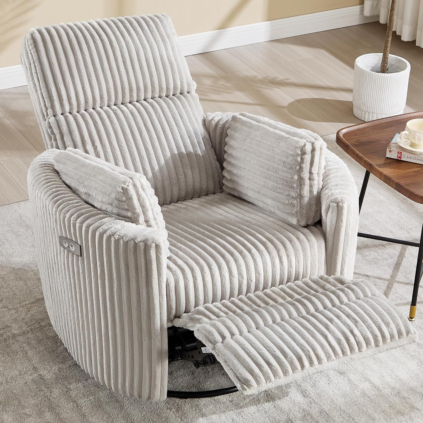 Power Recliner,Nursery Swivel Glider Rocking Chair with USB Port,Upholstered Adult Electric Recliner Rocking Chair with 2 Pillows for Living Room Bedroom (Beige Corduroy, Power-Driven)