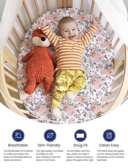 TotAha Premium Stretchy Bassinet Sheets for Baby Girl, Silky Comfort Cradle Sheets Fitted 18 x 36 for Oval, Rectangular, Hourglass Mattress, Hypoallergenic, Buttery Soft 2-Pack (Floral & Pale Pink)