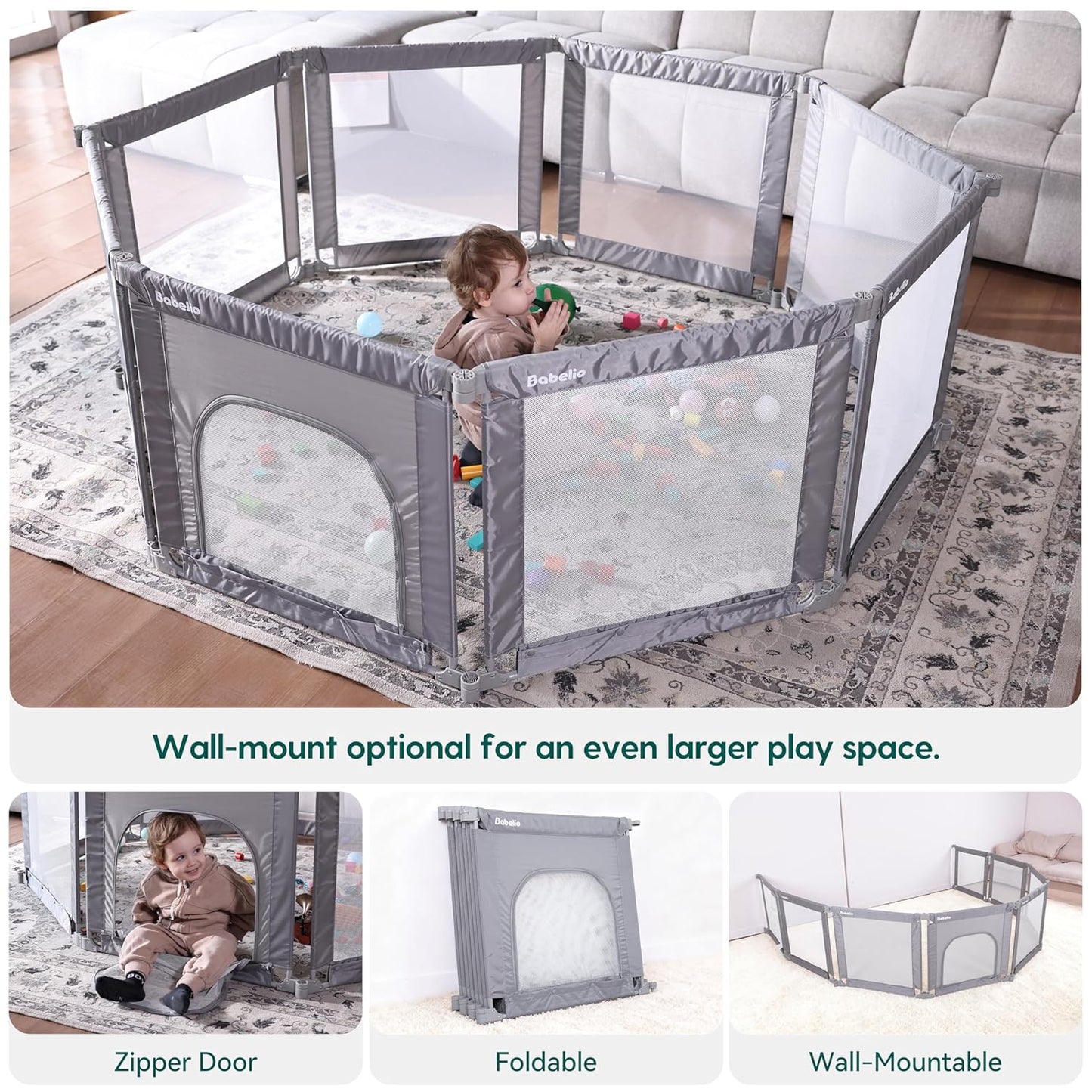 Babelio Foldable Baby Playpen 46" × 46", Portable Playard for Babies and Toddlers, Parents' Picks Awards Winner, No Assembly Required, Indoor & Outdoor Kids Safety Play Pen Area, Travel Fence, Grey