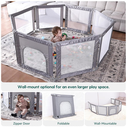 Babelio Foldable Baby Playpen 46" × 46", Portable Playard for Babies and Toddlers, Parents' Picks Awards Winner, No Assembly Required, Indoor & Outdoor Kids Safety Play Pen Area, Travel Fence, Grey
