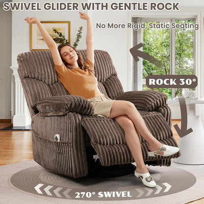 GRAINELL Oversize Power Swivel Recliner, 40in Wide Electric Glider Rocking Chair with Headrest Adjustment, USB Port, 270° Swivel, Rock 30° – for Living Room, Nursery, Black (5" 7' to 6" 1' Height)