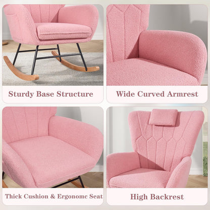 VECELO Rocking Chair Nursery with Thick Headrest, Modern Teddy Upholstered Reading Glider Rocker Accent Armchair with High Backrest, Padded Seat, Side Pocket, for LivingRoom, Bedroom, Baby Room, Pink