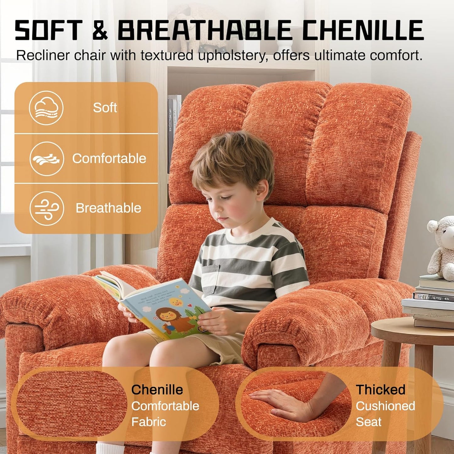 Korser Recliner Chair, Swivel Rocker Recliner Chair for Adults, Small Recliners for Small Spaces, Upholstered Manual Recliner with Side Pockets, Nursery Rocking Chair for Living Room, Chenille, Beige