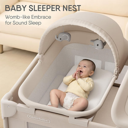 Obee Odee 4-in-1 Baby Bassinet with Playard, Napper Bassinet, Changing Table, Mosquito Net & Canopy, Storage and Toys for Newborn to Toddler