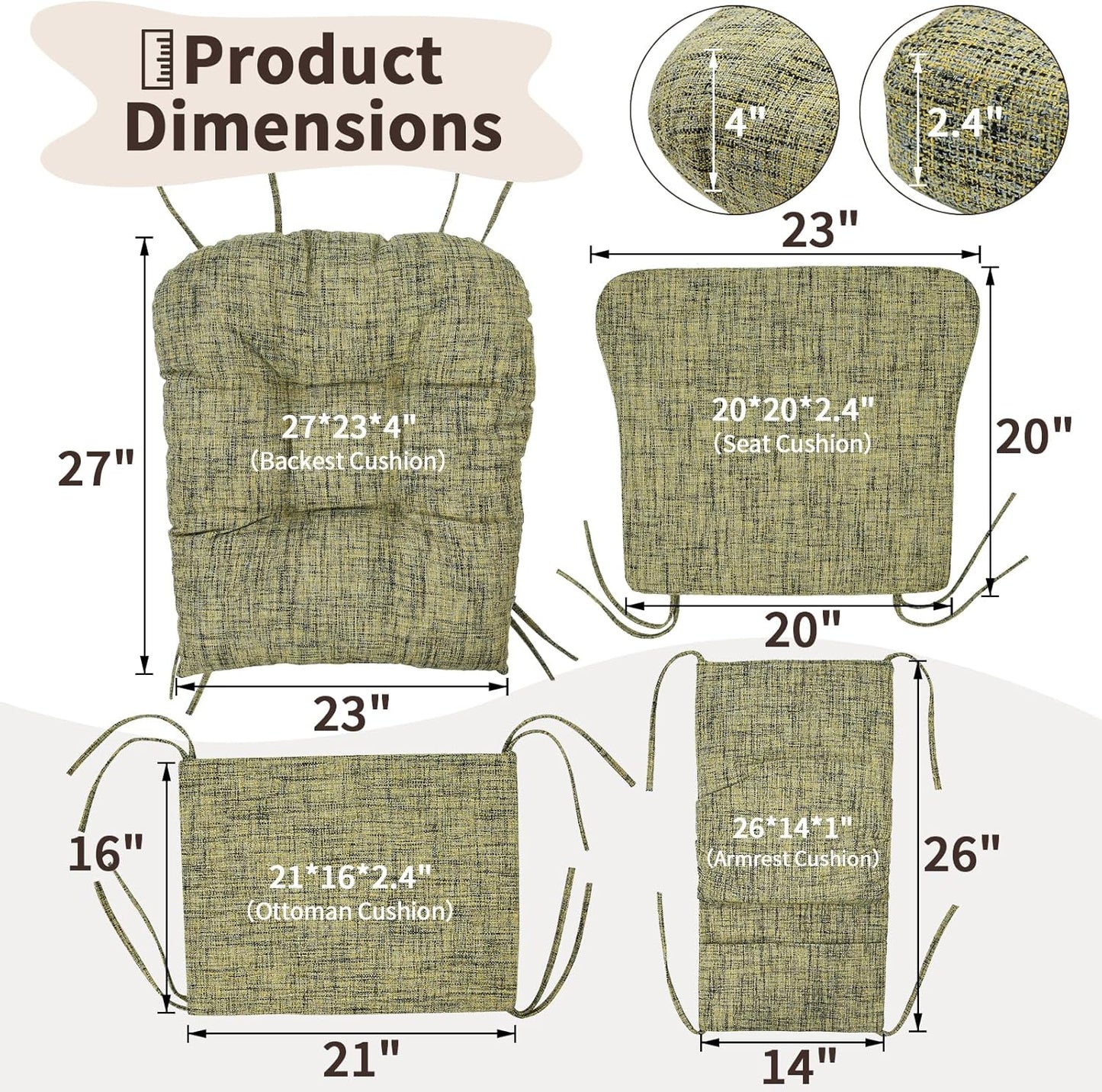 SINOSSO Glider Rocker Cushion Set (5 Pcs), Soft Blended Fabric High-Density Support Foam Seat Cushions with Ties, Fits Rocking Chair/Nursery Glider & Ottoman, Black-Gray