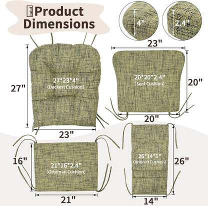 SINOSSO Glider Rocker Cushion Set (5 Pcs), Soft Blended Fabric High-Density Support Foam Seat Cushions with Ties, Fits Rocking Chair/Nursery Glider & Ottoman, Black-Gray
