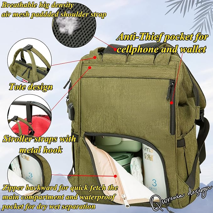 Diaper Bag Backpack for Dad and Mom with USB Charging Port Stroller Straps and Insulated Pocket,army military Travel Nappy Backpack for daddy mommy (Green)