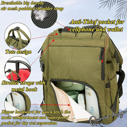 Diaper Bag Backpack for Dad and Mom with USB Charging Port Stroller Straps and Insulated Pocket,army military Travel Nappy Backpack for daddy mommy (Green)