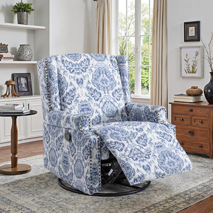 Swivel Rocker Recliner Chair, Manual Nursery Glider Recliner, Floral Fabric Wingback Accent Chair with Adjustable Backrest & Footrest for Small Spaces Living Room Bedroom (Plants Floral, Set of 1)